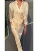 2025 New Fashion: Elegant Satin Long Sleeve Tie-Up Top & Midi Skirt