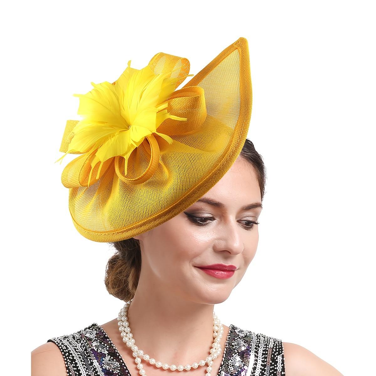 

Элегантная шляпка-вуаль с цветочными и перьевыми акцентами — идеально подходит для свадеб, коктейльных вечеринок и чаепитий жёлтый