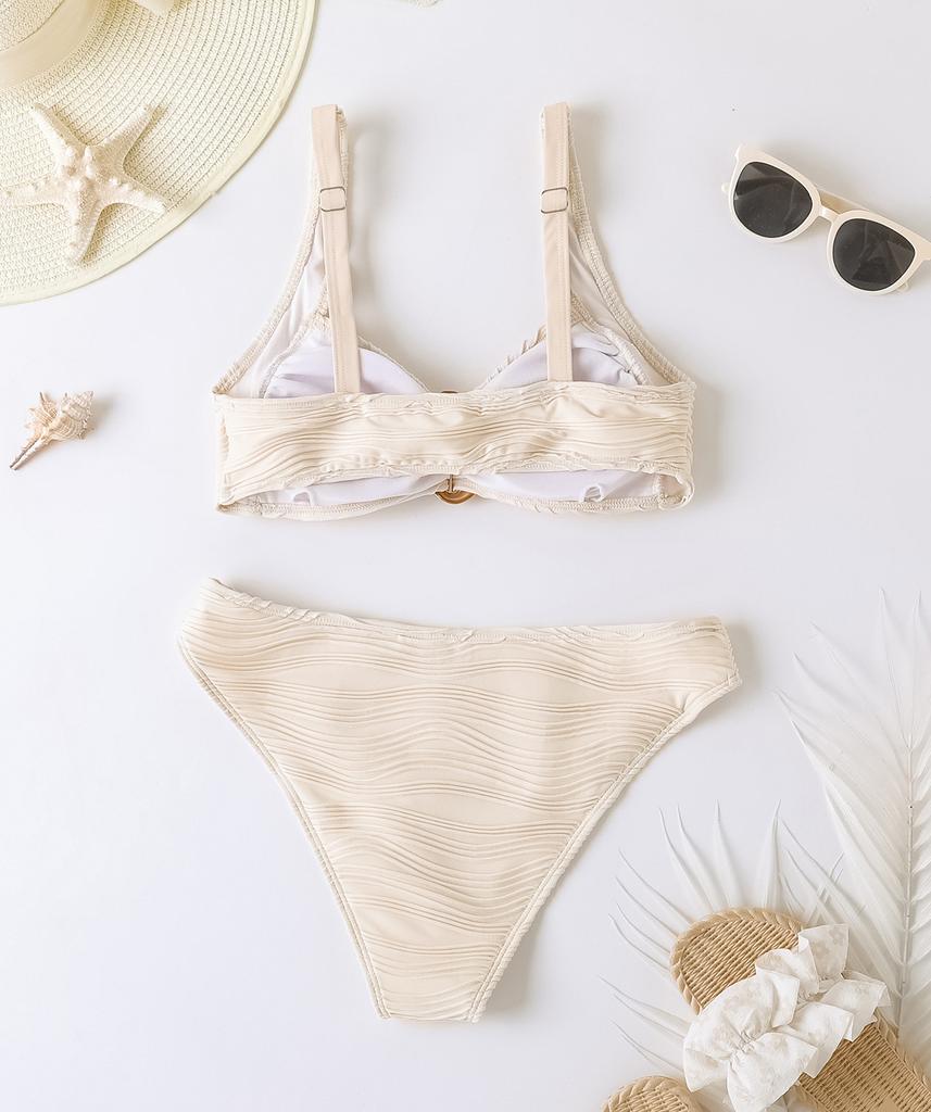 Women's Swimsuit Sexy White Metal Buckles Pleated Low Waist Swimsuit Two-Piece Bikini Set Beachwear Bathing Suits