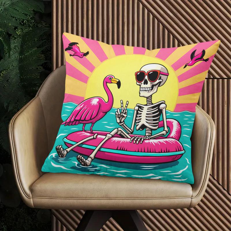 Fun Skeleton And Flamingo Pillow Cover 2D Printed Polyester Sofa Cushion Cover-For Beach, Camping And Home Decor