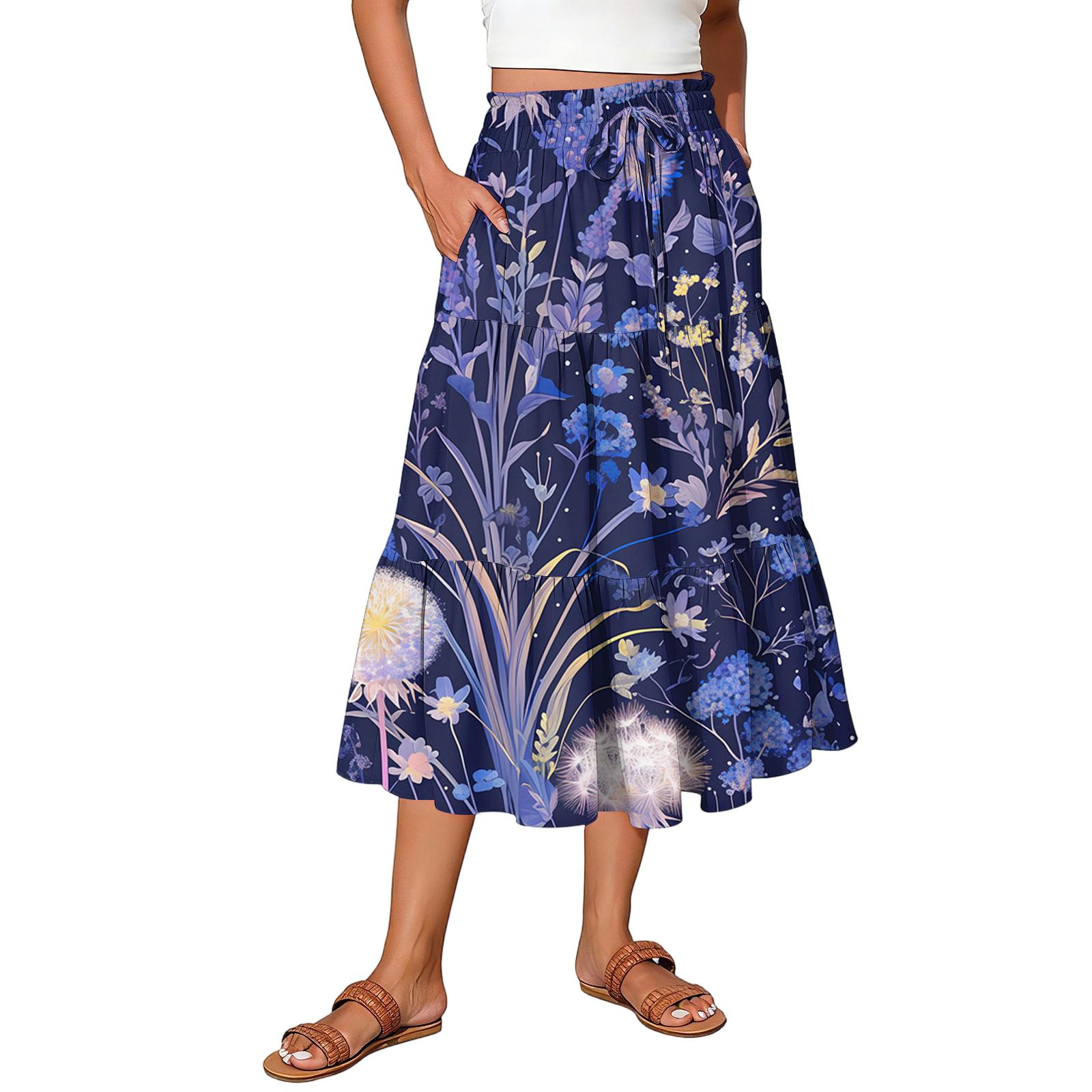 Women’s High Waist Floral Print Midi Skirt with Pockets and Adjustable Drawstring Lightweight Flowy Casual Skirt XL