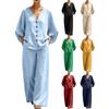 Damen Sommer Zweiteiler V-Ausschnitt Knopfleiste Vorne Oberteil Dreiviertelärm Locker Geschnitten Bluse Weite Hosen Casual Outfit
