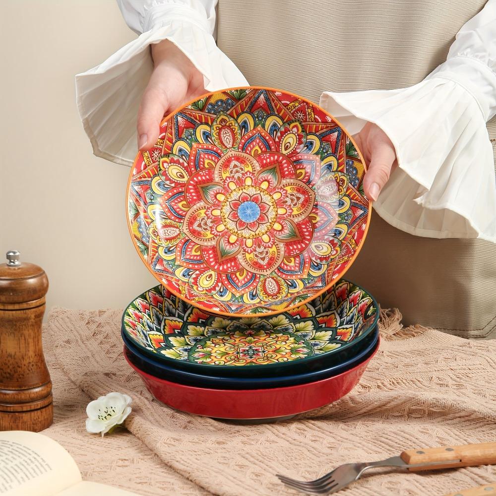 Colorful Dinner Plate Flower Pattern Meal Dish Household Bohemian Ceramic Plate  Housewarming Gift