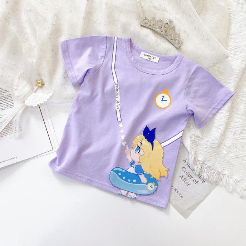 Girls Color Princess T-shirt Summer Children Cute Cartoon Print Casual Loose Breathable Short-sleeved Round Neck T-shirt
