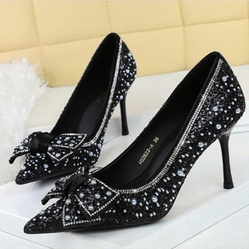 Luxury Bling Bow Wedding Party Women Pumps Elegant Pointed Toe Sparkling Glitter  Stilettos Dress Ladies High Heels Shoes