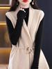 Women's Solid V-Neck Wool Vest - Lace-up Knit Sleeveless Outerwear for Autumn/Winter.