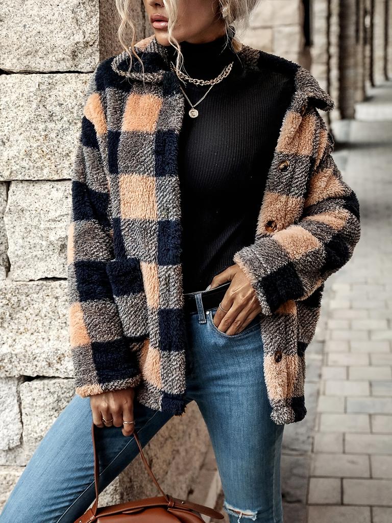 Women'S Plaid Check Faux Fur Coat with Double Pockets - Stylish Fall/Winter Outerwear, Button-Up, Fall Winter Coat | Check Pattern Coat