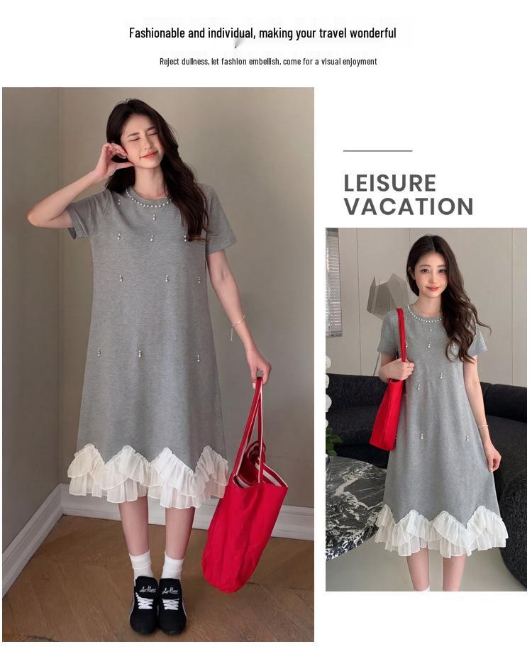 2026 Summer Petite Maternity Knit Dress - Korean Style, Loose-Fit, Slimming, Round Neck