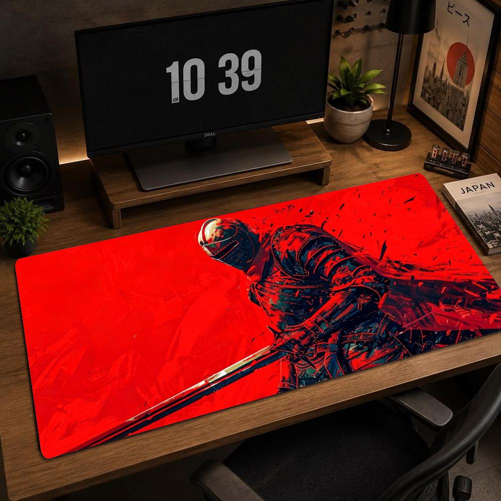 XXL Large Gaming Mouse Pad Japanese Samurai Red Fire Deskmat Overlock Non‑Slip Rubber Keyboard Mats Laptop Mousepads For Gamer