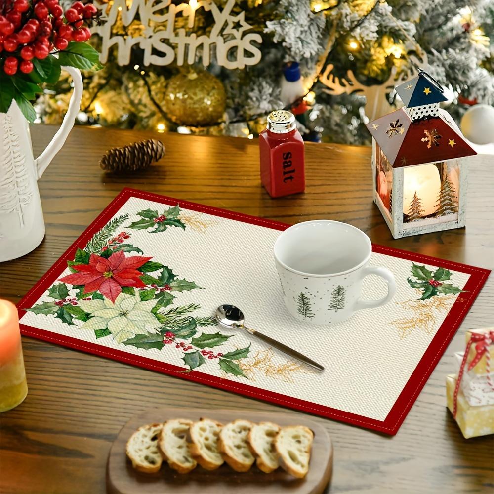 2~4 Placemats Set, Red Edge Pine Branches, White Flowers, Red Flowers, Christmas Placemats 12 X 18 Inch, Seasonal Countryside Holiday Vintage Thanksgi