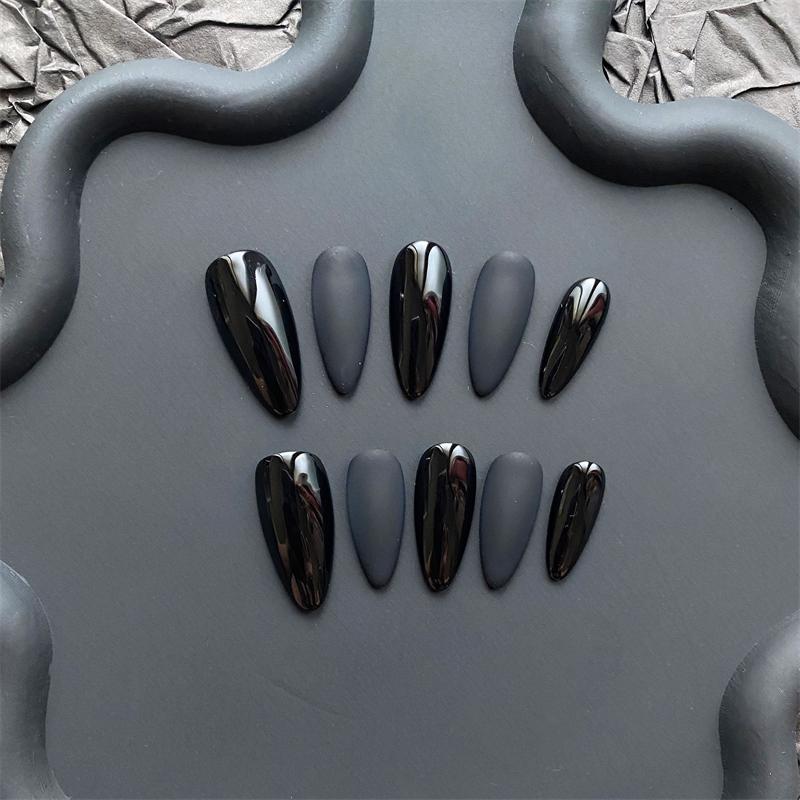Handmade Almond Black Press on Nails Full Cover Acrylic Fake Nails Medium Matte Dark Manicure Nail Tips Wearable Reusable Woman