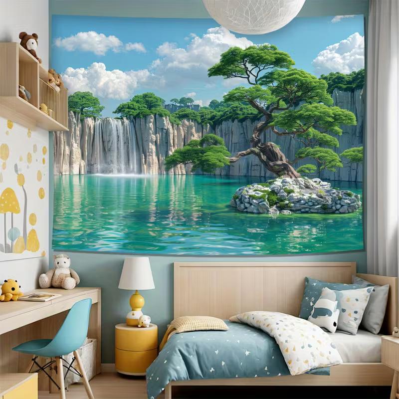 2D Zen Bonsai Baum auf Seeinsel Wandteppich Wasserfall Natur Kunst Wanddekoration Stoff für Zuhause & Schlafzimmer
