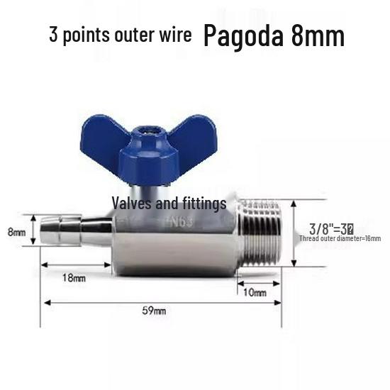 304 Stainless Steel Mini Ball Valve with Butterfly Handle, Internal/External Threads, High Pressure, 4-Way Pagoda Tube Connector.