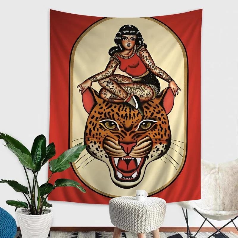 VIKAMA Vintage Tattoo Women And Beast Tapestry Interior Creative Home Decoration Tapestry For Wall Decoration Items