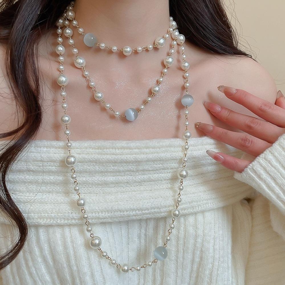 Layered Pearl Necklace Simulated Pearl Sweater Necklace Fashion Bead Necklace  Lady Wear