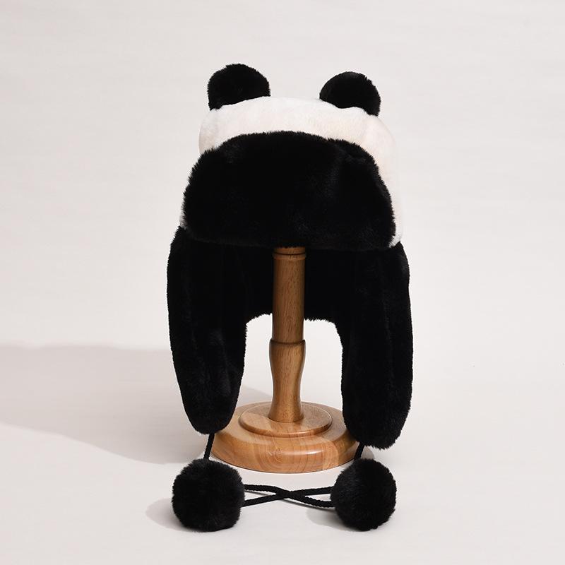 Vallée Malade Même Panda Chapeau Thunderbolt Femme Hiver Mignon Noir et Blanc Peluche Chaud Protection Oreilles Chapeau Bonnet de Ski Cyclisme