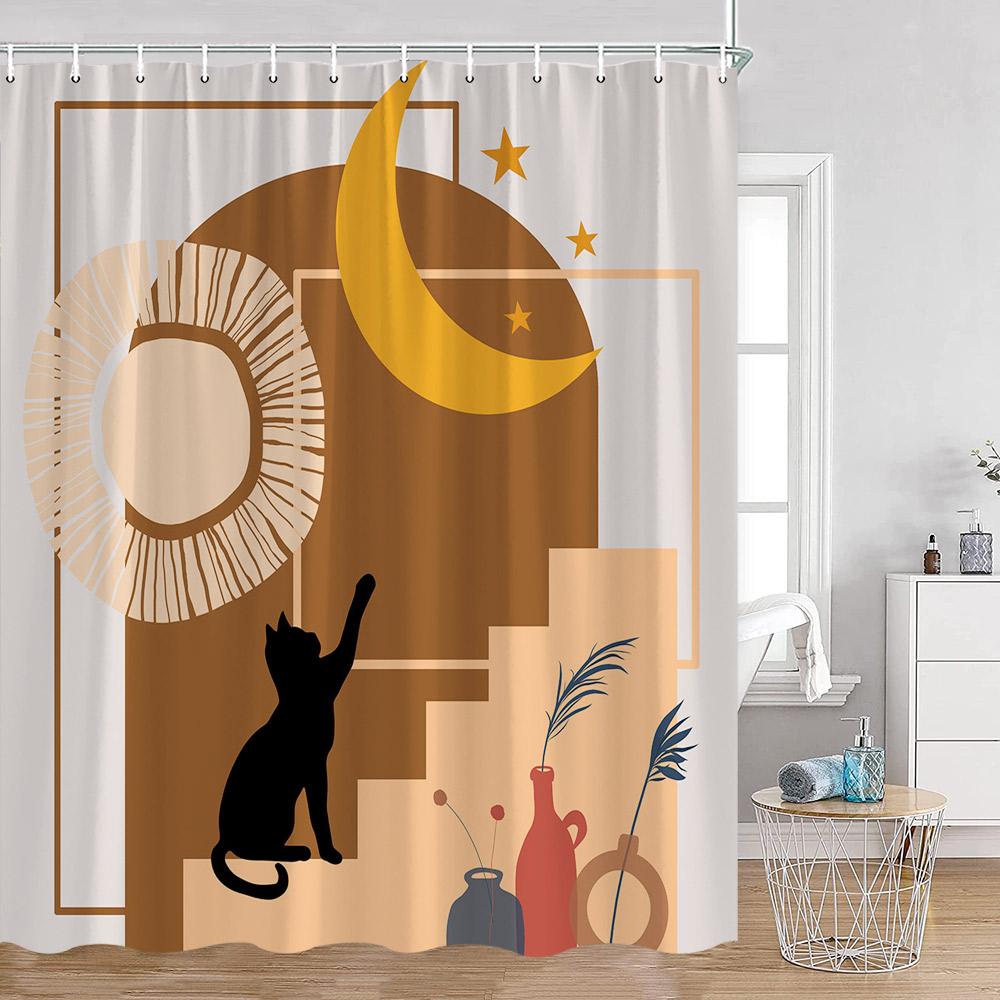 

Шторки для душа «Черный кот» в стиле середины века, Бохо, Солнце Луна, Винтажная мандала, Украшения для ванной комнаты, Минималистичная шторка для ванны с крючками 90x180cm-35x70in
