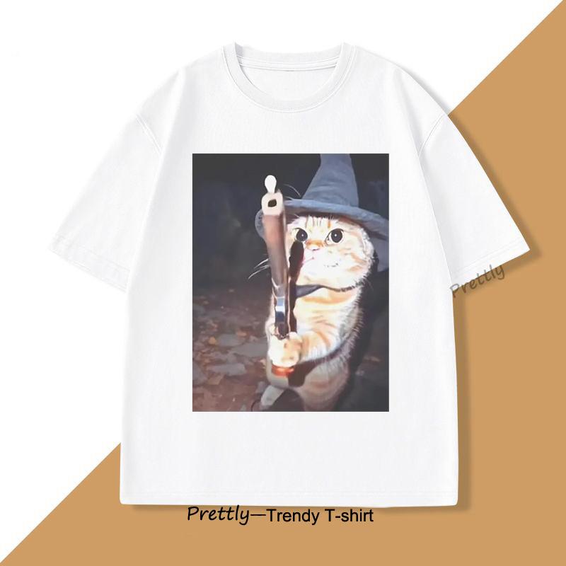 Funny Cat with Gun TShirt Magic Cat T Shirt Vintage Harajuku Cotton Short Sleeve Tee Casual ONeck Tee Shirts Streetwear Top
