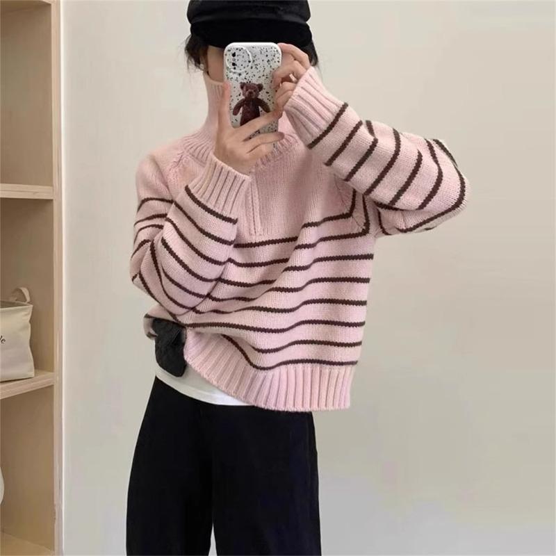 Half zipper striped pullover sweater women's loose short lazy style versatile knitted sweater autumn and winter new