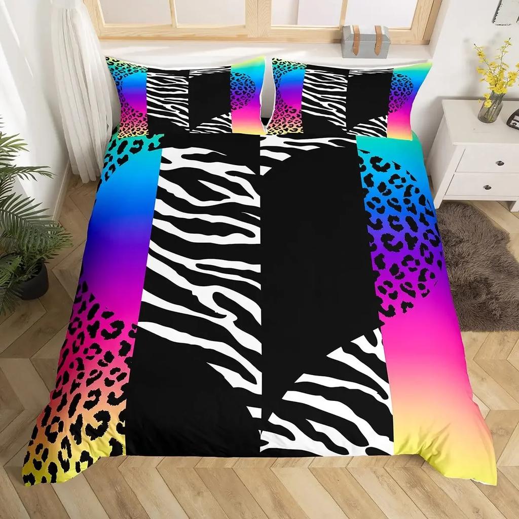 Queen Bedding Set Zebra Stripes Duvet Cover Red Glitter Lips Comforter Cover Girls Women Black White Leopard Print Duvet Set
