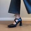 2025 Spring And Summer New Cross Elastic Band Retro Thick Heel Mary Jane One Foot High Heels Women Singles Pointed Ballet Shoes