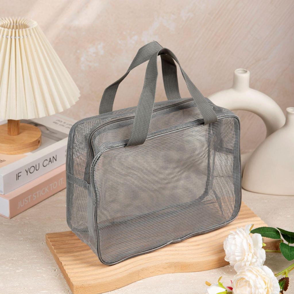Portable Black Leak-Proof Mesh Bag for Bath, Gym, and Storage - Unisex Shower and Makeup Toiletries Bag