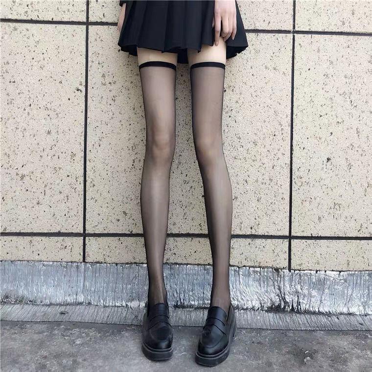 

New Plus Size Women Thigh High Stockings Ultra Thin Black Skin Lace Trim Sexy Long Stockings Silk Soft Breathable Socks 40-100kg One Size
