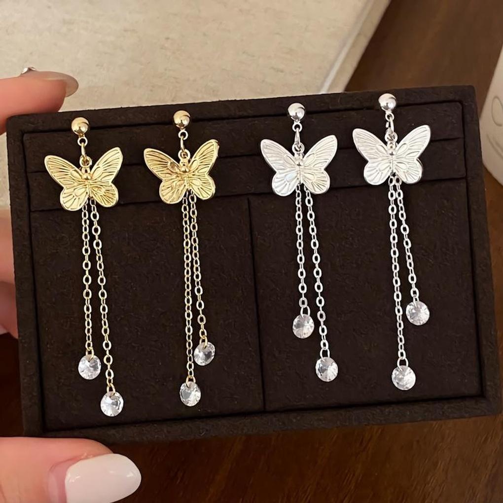 Women's Butterfly Long Tassel Cubic Drop Earrings