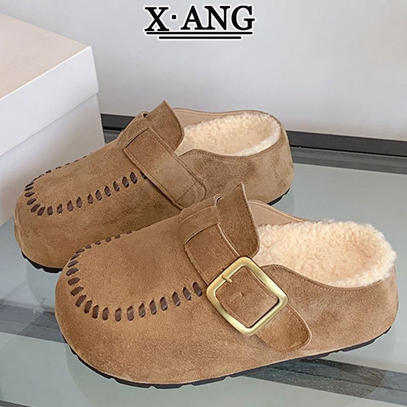 Cowhide Version Thick-soled Bag Head Half Slippers, Wear New Lamb Wool Shoes Cotton Slippers In Autumn and Winter