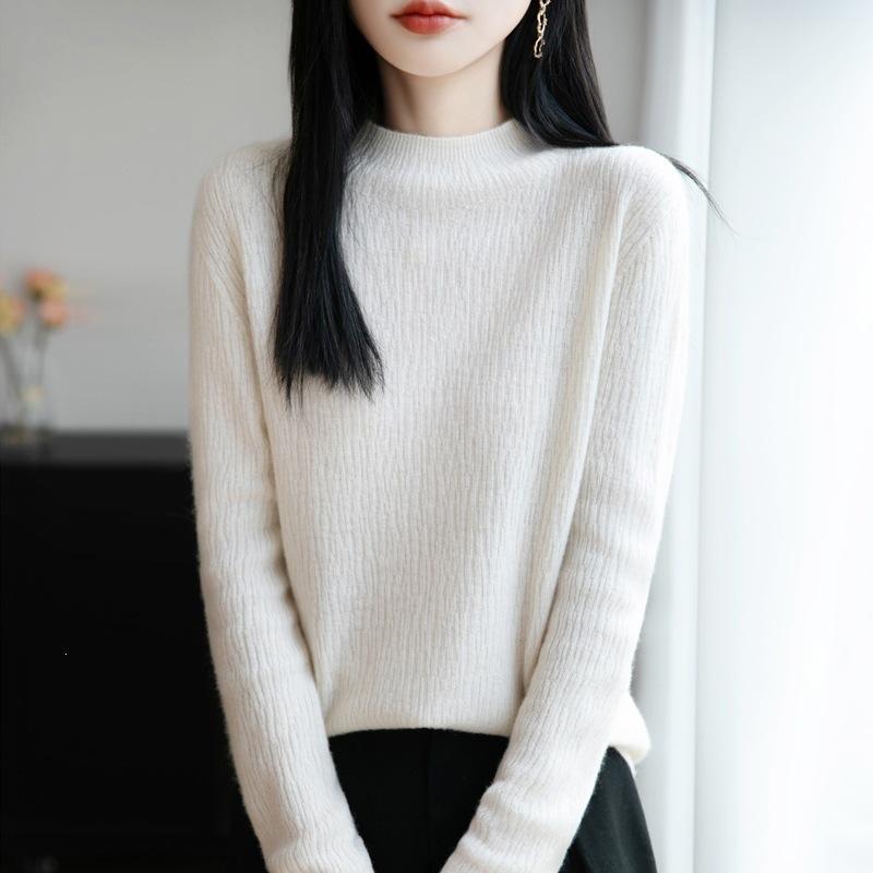 Long-sleeved Pullover Sweater for Women, Fitted and Slimming, with A Semi-high Collar, Knitted Base Layer Top