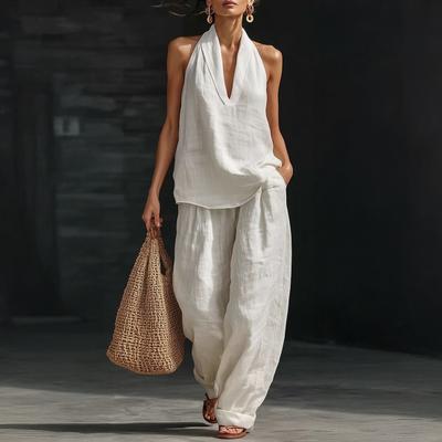 Conjunto de 2 piezas de Algodón y Lino para Mujer Tops sin Mangas tipo Halter y Pantalones de Pierna Ancha Conjuntos de Salón Atuendos Casuales para Vacaciones