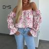 Koszula Damska Odkrywająca Ramiona Rozkloszowany Długi Rękaw Design Pulowerowe Topy Kwiatowy Nadruk Luźny Krój Koszula Casual Odzież Biurowa