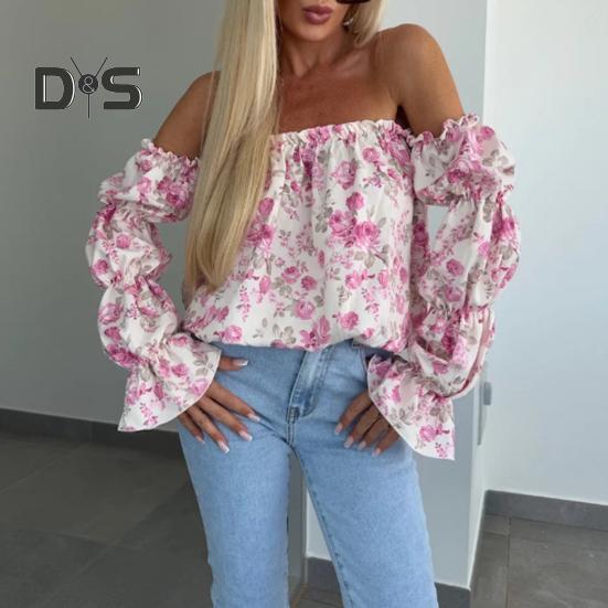 Koszula Damska Odkrywająca Ramiona Rozkloszowany Długi Rękaw Design Pulowerowe Topy Kwiatowy Nadruk Luźny Krój Koszula Casual Odzież Biurowa