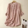 Literary Floral Embroidery Women O Neck Linen Long Shirts Loose Summer Blouses Sum Protection Casual
