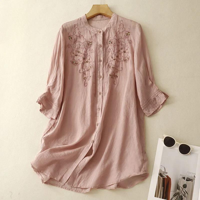 Literary Floral Embroidery Women O Neck Linen Long Shirts Loose Summer Blouses Sum Protection Casual