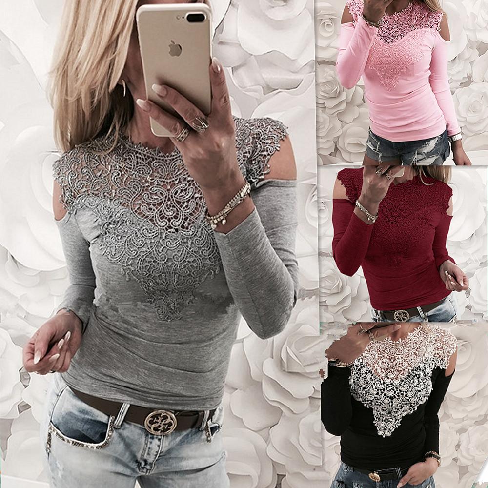 Elegant Spring Collection Sexy Lace Shoulder Cutout Cotton T-shirt Top In Gray Pink White And Black
