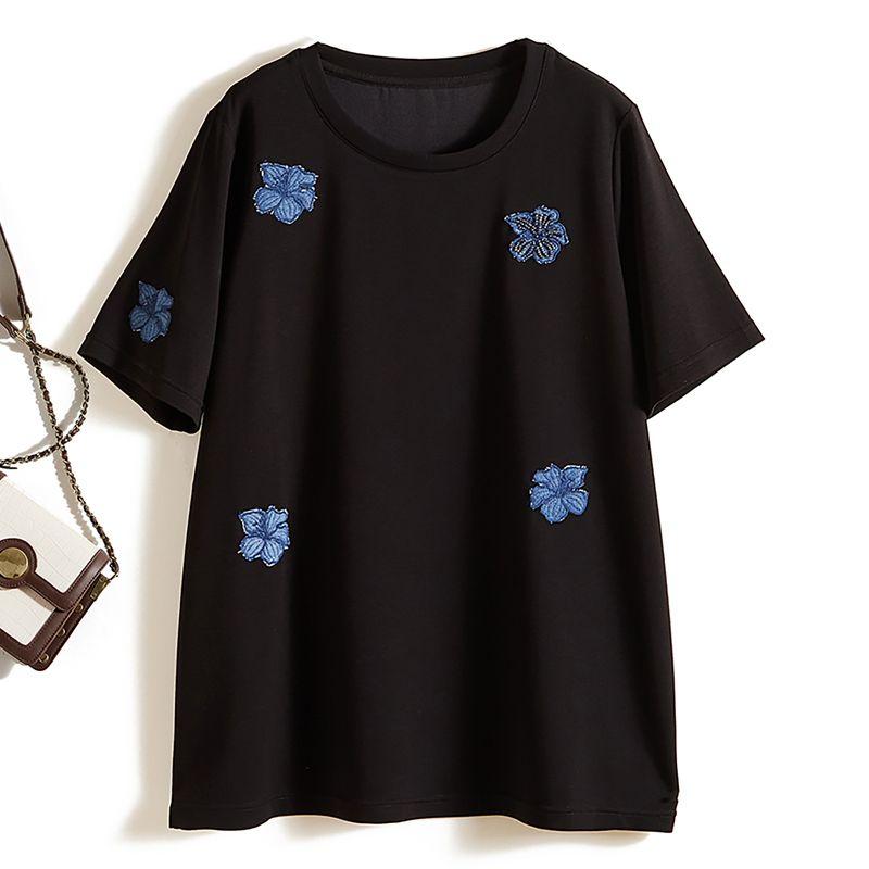 

Very Versatile Top! Inclusive Women Cotton Three-Dimensional Petals Beads Cocoon Shaped Mid-Length T-shirt Summer Breathable Sweat-Absorbent Black L