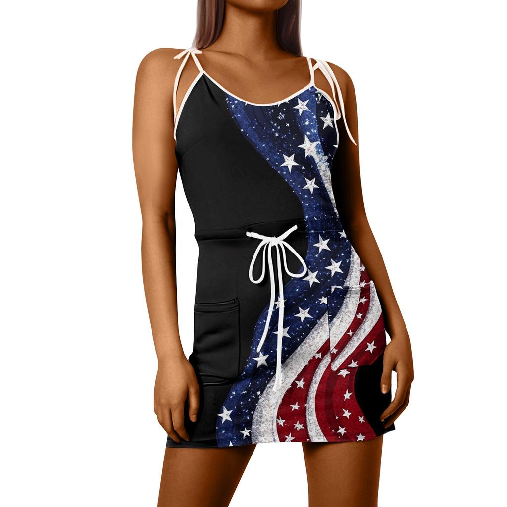 Women's Fashion Summer Independence Day Printed Loose Sleeveless Pocket V-Neck Dress