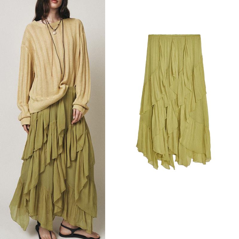 Summer New Product Women's Clothes Ins Style Laminated Decoration Asymmetric Hem Mid-Waist Midi Skirt Skirt 0148042