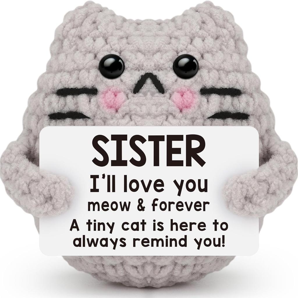 Handmade Knitted Cat Doll With Positive Card Home Room Decoration Funny Crochet Emotional Support Cat Ornament Christmas Gift