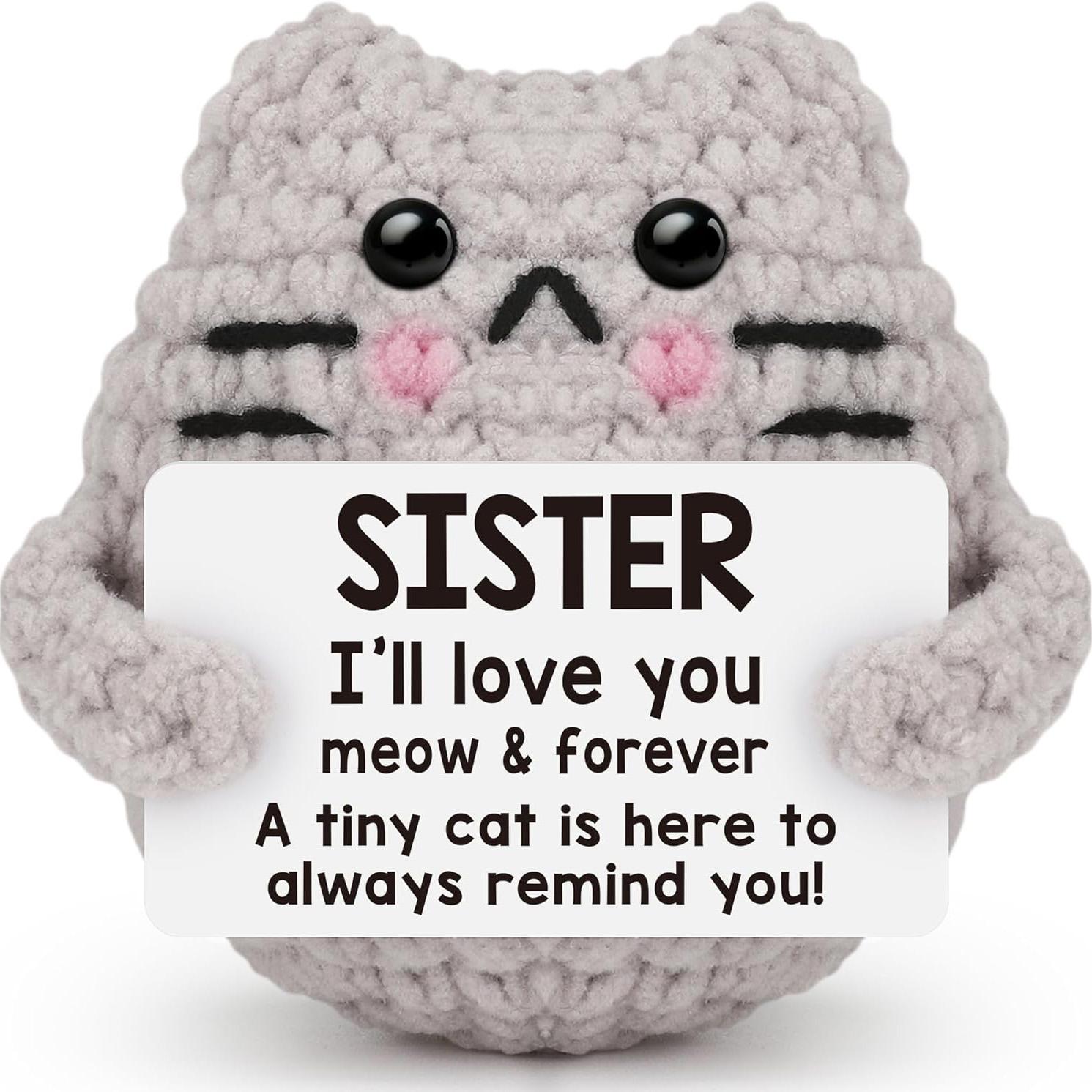 

Handmade Knitted Cat Doll With Positive Card Home Room Decoration Funny Crochet Emotional Support Cat Ornament Christmas Gift