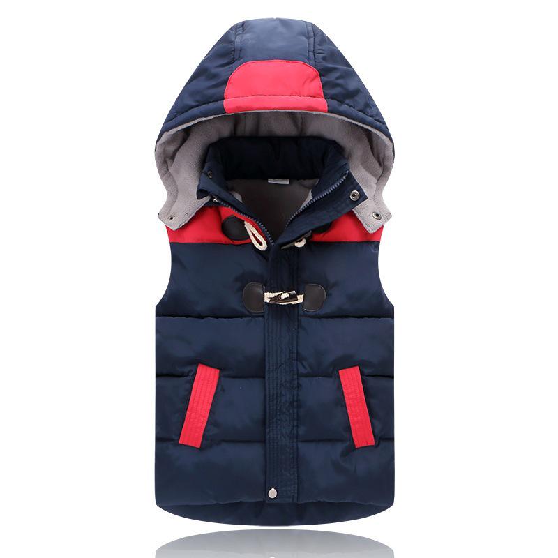 2026 Autumn/Winter Boys Hooded Horn Button Gilet - British Style Down Cotton Vest 120cm темно-синий