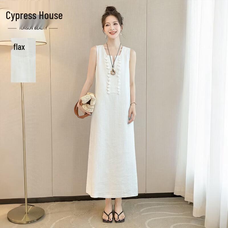 Women s Linen V-Neck Sleeveless A-Line Midi Dress L белый