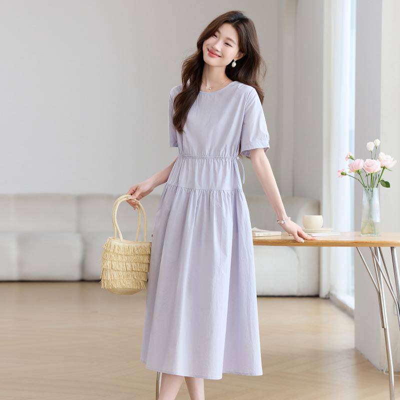 Summer New Fashion Design Sense Simple Skirt Loose Drawstring Waist Thin Short Sleeve Pure Cotton Dress Women