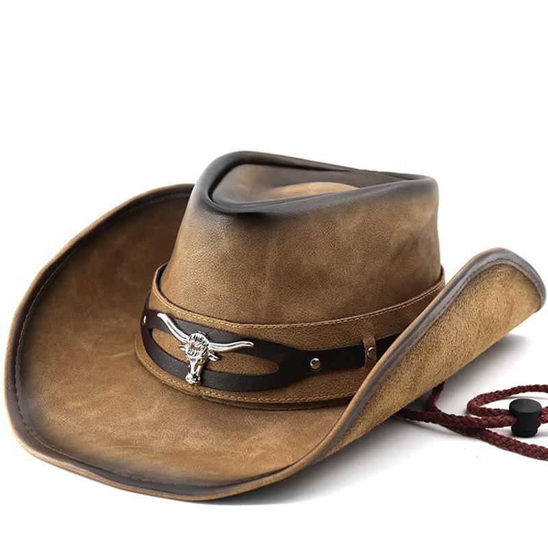 Men's and Women's Big-brimmed Leather Western Cowboy Hat Horseback Riding Beach Hat Sun Hat Big Head Circumference Top Hat High-end Hat Spot