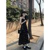 Black Sweet Floral Suspender Dress Women's Summer New High-end Temperament Coffee Break Dress Split-ended Long Dress