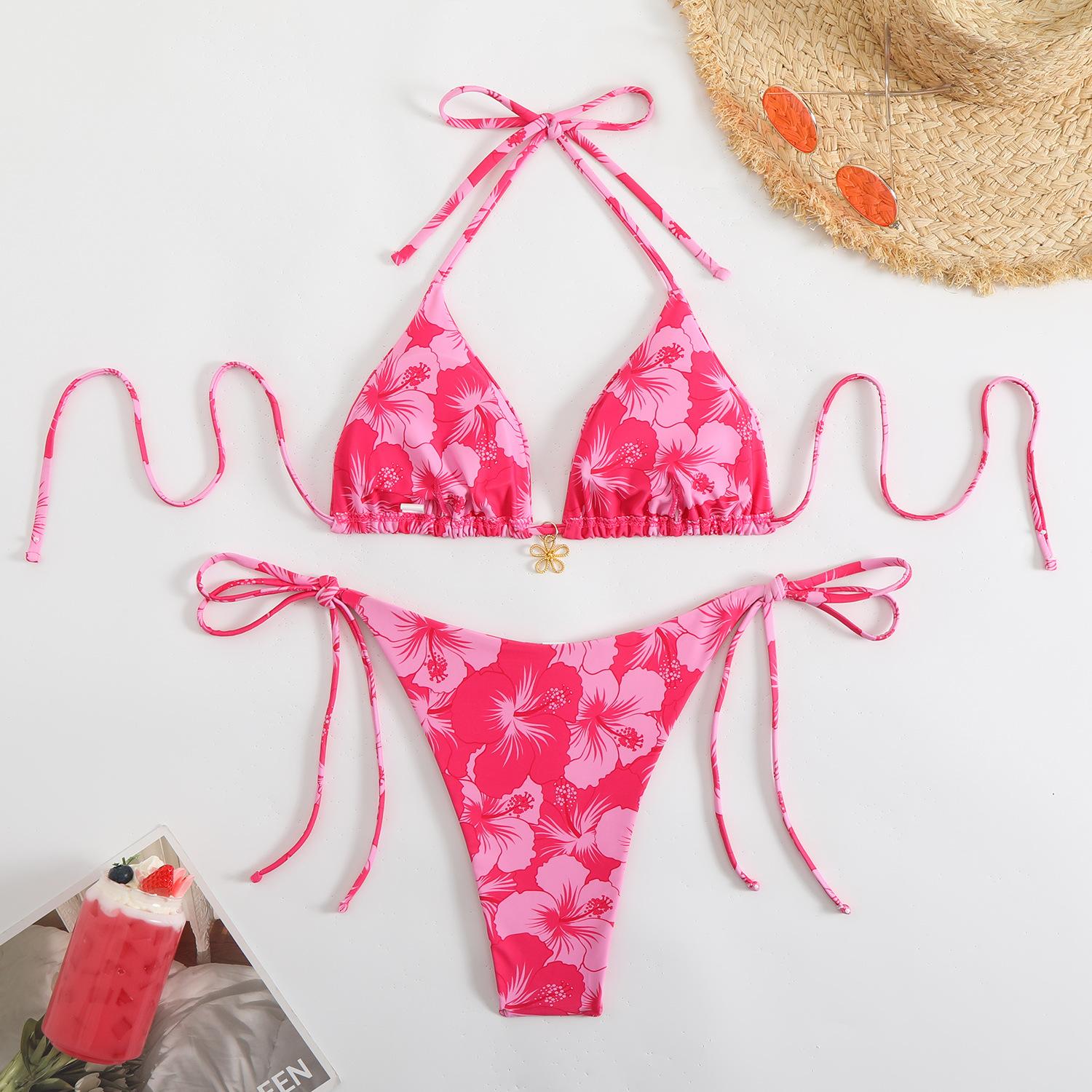 European and American print tight lace-up halter sexy split swimsuit bikini swimsuit women S розы красного