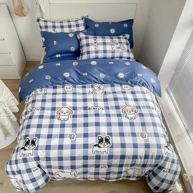 Fashion Bedding Set White Green Double Bed Linens Quilt Duvet Cover Pillowcase Queen Size Flat Sheet Classic Grid for Girl Boy