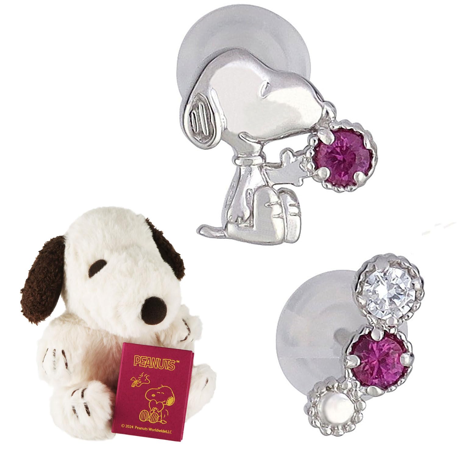

65th Anniversary Snoopy Synthetic Ruby Asymmetric Stud Earrings it into a stuffed toy 2P Binaural Ladies Official PEANUTS [Shinjuku Ginnokura] (Make