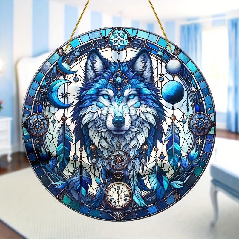 Wolf Sonne Acryl-Fänger, Acryl-Gitter im Buntglas-Stil, Traumfänger-Inspiration, Reflektierende Kunst für Haus & Garten, Kinderzimmer, Vintage-Wohnkultur